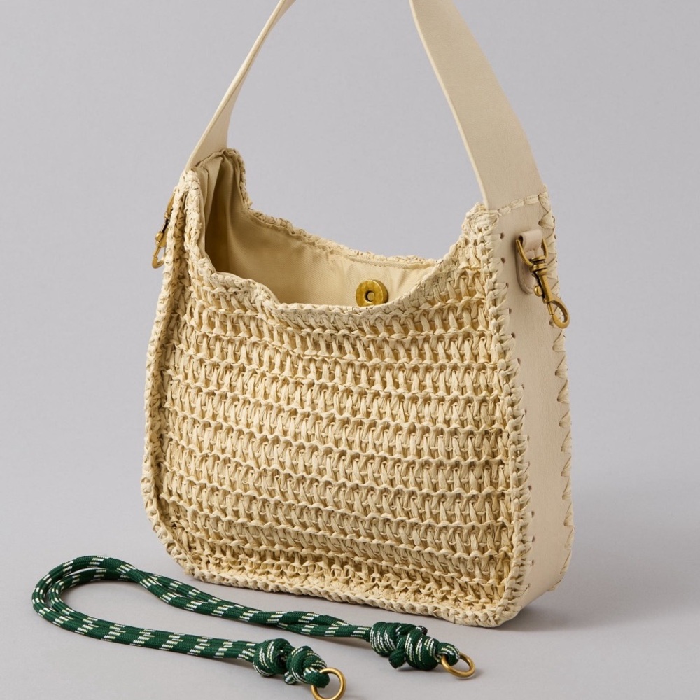 Cream Woven Hand + Shoulder Bag with Cream or Green Adjustable Strap NEW! - Picture 6 of 14